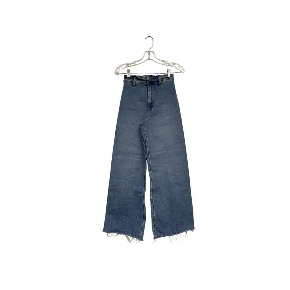 Zara Women Jeans EU 34 US 2 Blue Denim Wide Leg High Waist Raw Hem 7513/241 NWOT